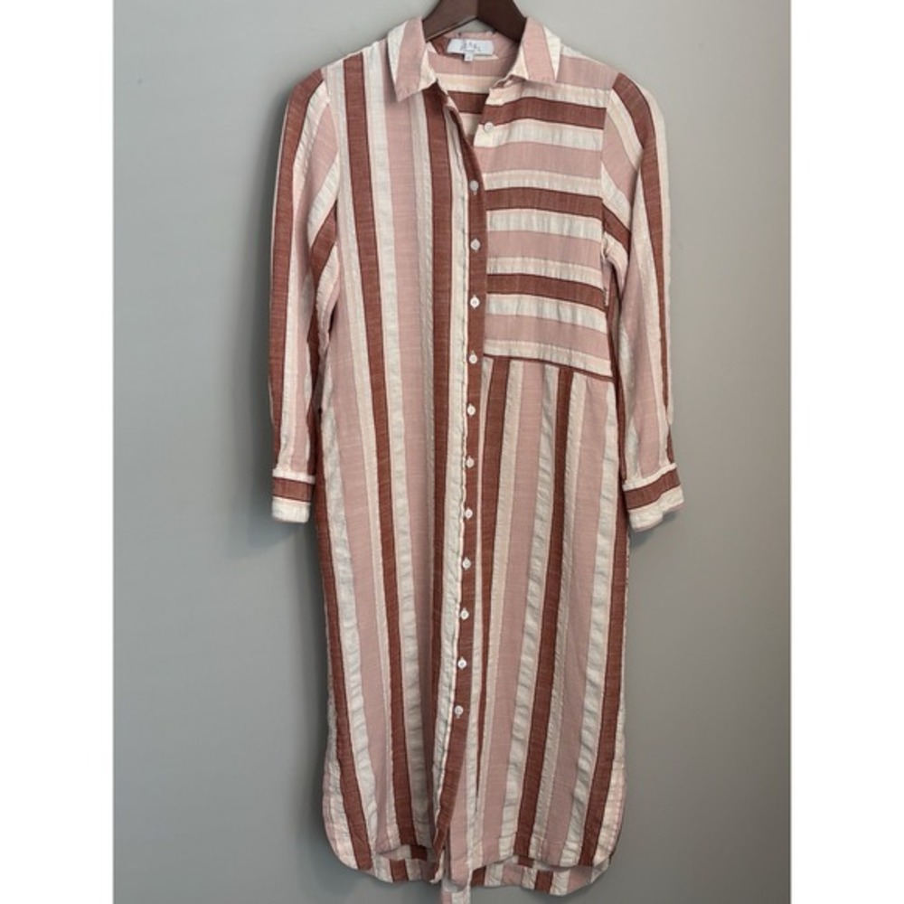 PEARL By Lela Rose Shirt Dress Size S Striped Midi Buttons Linen Neutral Classic